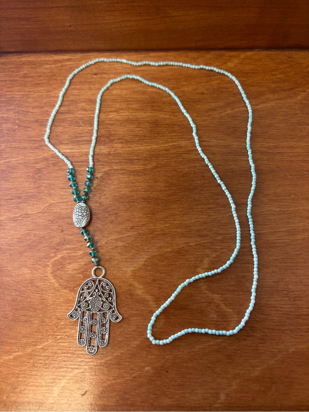 Boho Hamsa Hand Long Beaded Necklace Turquoise Teal Silver Tone
